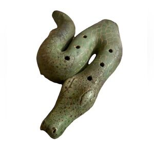 Handmade Mexican Folk Art Carved Clay Snake Green Music Flute Instrument 7”